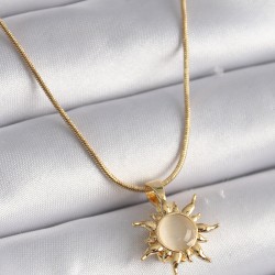 316L Çelik Gold Renk Beyaz Mineli Güneş Model Kadın Kolye