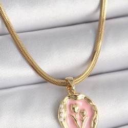 316L Çelik Gold Renk İtalyan Zincir Pembe Çiçek Madalyon Model Kadın Kolye