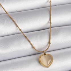 316L Çelik Gold Renk Kedi Gözü Sedefli Kalp Model Kadın Kolye