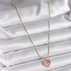316L Çelik Gold Renk Pembe Kedi Gözü Sedefli Kalp Model Kadın Kolye