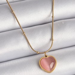 316L Çelik Gold Renk Pembe Kedi Gözü Sedefli Kalp Model Kadın Kolye