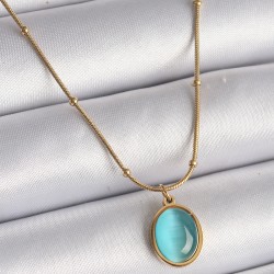 316L Çelik Gold Renk Mavi Kedi Gözü Sedefli Oval Model Kadın Kolye