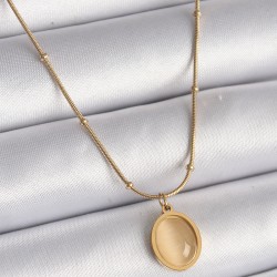 316L Çelik Gold Renk Sarı Kedi Gözü Sedefli Oval Model Kadın Kolye