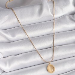 316L Çelik Gold Renk Sarı Kedi Gözü Sedefli Oval Model Kadın Kolye