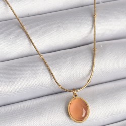316L Çelik Gold Renk Turuncu Kedi Gözü Sedefli Oval Model Kadın Kolye