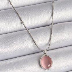316L Çelik Gümüş Renk Pembe Kedi Gözü Sedefli Oval Model Kadın Kolye