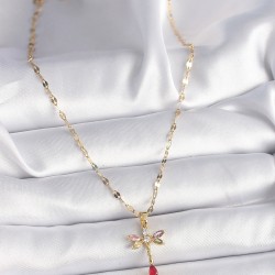 316L Çelik Gold Renk Zincir Renkli Zirkon Taşlı Yusufçuk Model Kadın Kolye
