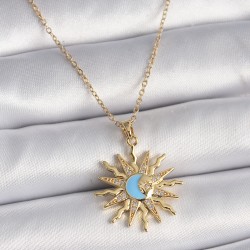 316L Çelik Gold Renk Zincir Zirkon Taşlı Güneş Model Mavi Ay İşleme Kadın Kolye