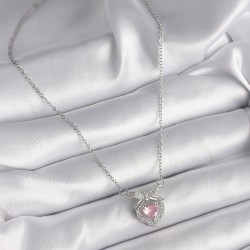 316L Çelik Gümüş Renk Zincir Pembe Zirkon Taşlı Kalp Figür Kadın Kolye