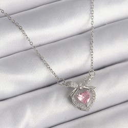 316L Çelik Gümüş Renk Zincir Pembe Zirkon Taşlı Kalp Figür Kadın Kolye