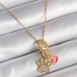 316L Çelik Gold Renk Zincir Zirkon Taşlı Pati Figür Kalp Detay Kadın Kolye