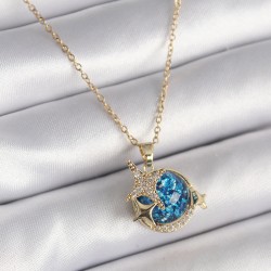 316L Çelik Gold Renk Zincir Zirkon Taşlı Detaylı Mavi Simli Gezegen Model Yıldız Detay Kadın Kolye