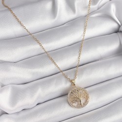 316L Çelik Gold Renk Zincir Zirkon Taş Detaylı Yaşam Ağacı Model Kadın Kolye