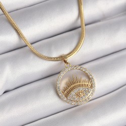 316L Çelik Gold Renk İtalyan Zincir Zirkon Taşlı Göz Model Kadın Kolye
