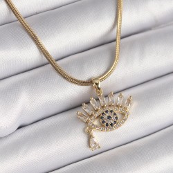 316L Çelik Gold Renk İtalyan Zincir Zirkon Taşlı Göz Model Kadın Kolye