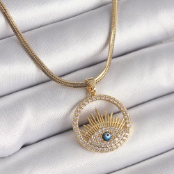 316L Çelik Gold Renk İtalyan Zincir Zirkon Taşlı Göz Model Nazar Boncuk Detay Kadın Kolye