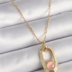 316L Çelik Gold Renk Pembe Kedi Göz Model Kadın Kolye