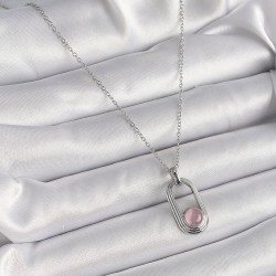 316L Çelik Gümüş Renk Zincir Pembe Kedi Göz Model Kadın Kolye