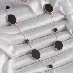 Pirinç Gold Renk Siyah Oval Küp Detay Kadın Kolye