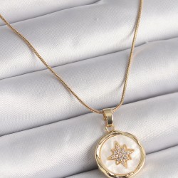 316L Çelik Gold Renk Zincir Beyaz Sedefli Zirkon Taşlı Yıldız İşleme Model Kadın Kolye