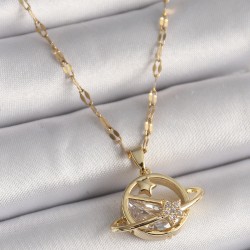 316L Çelik Gold Renk Zincir Zirkon Taşlı Yıldız Detay Satürn Gezegen Model Kadın Kolye