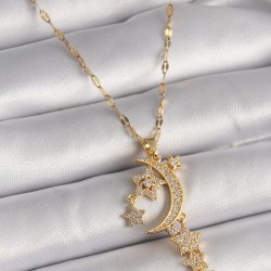 316L Çelik Gold Renk Zincir Zirkon Taşlı Hilal Yıldız Figür Sallantı Detay Kadın Kolye