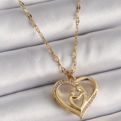 316L Çelik Gold Renk Zincir Zirkon Taşlı Kalp Anne Çocuk Figür Kadın Kolye