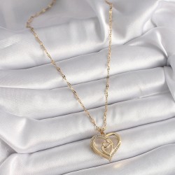 316L Çelik Gold Renk Zincir Zirkon Taşlı Kalp Anne Çocuk Figür Kadın Kolye