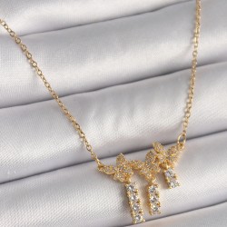 316L Çelik Gold Renk Zincir Zirkon Taşlı Kelebek Model Sallantı Detay Kadın Kolye