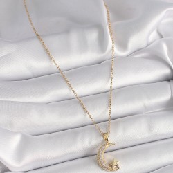 316L Çelik Gold Renk Zincir Zirkon Taşlı Hilal Model Yıldız Detay Kadın Kolye