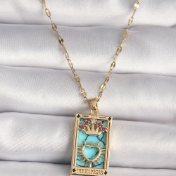 316L Gold Renk Pembe Zirkon Taşlı Taç Kalp Portre Model Kadın Kolye