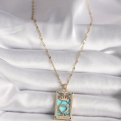 316L Gold Renk Pembe Zirkon Taşlı Taç Kalp Portre Model Kadın Kolye