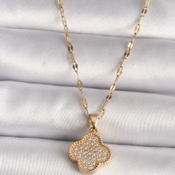 316L Çelik Gold Renk Zirkon Taşlı Yonca Model Kadın Kolye