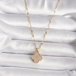 316L Çelik Gold Renk Zirkon Taşlı Yonca Model Kadın Kolye