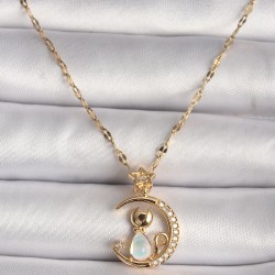 316L Çelik Gold Renk Zirkon Taşlı Hilal Mavi Sedefli Kedi Figür Yıldız Detay Kadın Kolye