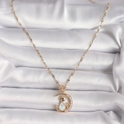 316L Çelik Gold Renk Zirkon Taşlı Hilal Mavi Sedefli Kedi Figür Yıldız Detay Kadın Kolye