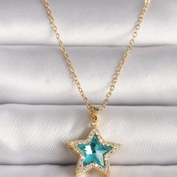 316L Çelik Gold Renk Zirkon Taşlı Mavi Yıldız Model Kadın Kolye