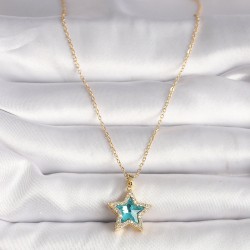 316L Çelik Gold Renk Zirkon Taşlı Mavi Yıldız Model Kadın Kolye