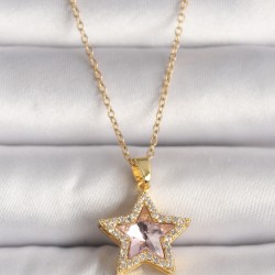 316L Çelik Gold Renk Zirkon Taşlı Pembe Yıldız Model Kadın Kolye