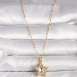 316L Çelik Gold Renk Zirkon Taşlı Pembe Yıldız Model Kadın Kolye