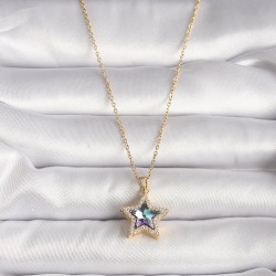 316L Çelik Gold Renk Zirkon Taşlı Mor Yıldız Model Kadın Kolye