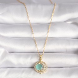 316L Çelik Gold Renk Zirkon Taşlı Yeşil Sedefli Hilal Model Kadın Kolye