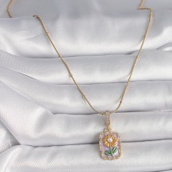 316L Çelik Gold Renk Zincir Zirkon Taş Detaylı Portre Çiçek Model Kadın Kolye