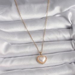 316L Çelik Gold Renk Zincir 3D İnci Kalp Model Kadın Kolye