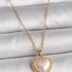 316L Çelik Gold Renk Zincir 3D İnci Kalp Model Kadın Kolye