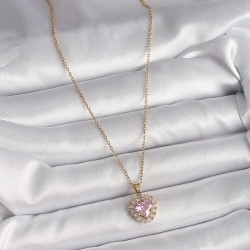 316L Çelik Gold Renk Zincir Pembe Zirkon Taşlı Kalp Model Kadın Kolye