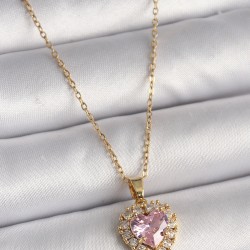 316L Çelik Gold Renk Zincir Pembe Zirkon Taşlı Kalp Model Kadın Kolye