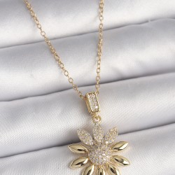 316L Çelik Gold Renk Zincir Zirkon Taşlı Çiçek Model Kadın Kolye