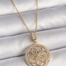 316L Çelik Gold Renk Zincir Zirkon Taşlı Lotus Model Kadın Kolye