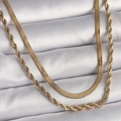 316L Çelik Gold Renk Çift Zincir İtalyan&Burgu Model Kadın Kolye